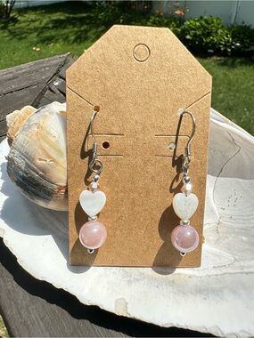 Hand Crafted Pink Sandstone and Mother of Pearl Heart Drop Earrings